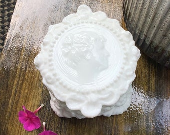 Jenny Lind Milk Glass Trinket Box, Jenny Lind Portrait Covered Trinket Dish, Jenny Lind Decor #B648