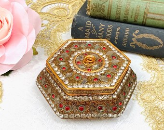 Vintage Gold Jeweled Trinket Box, Ornate Red Accents #B575