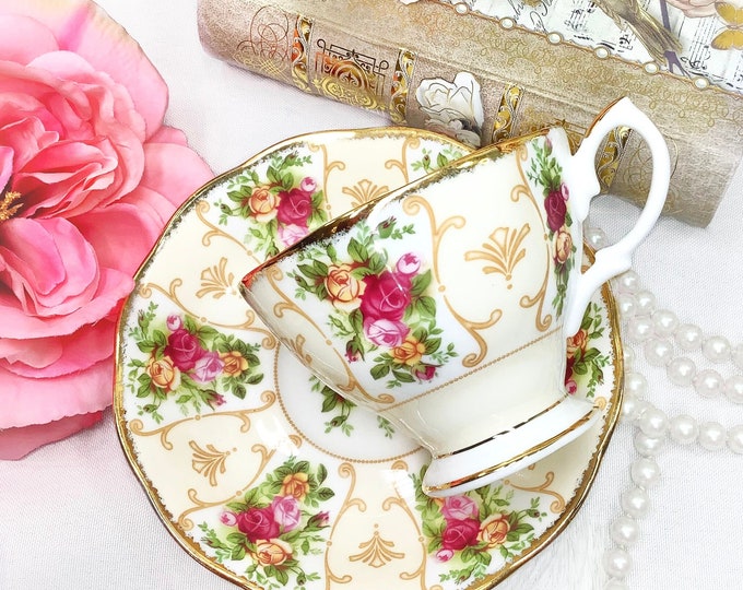 Royal Albert Rose Cameo Peach Tea Cup Saucer, English Chintz Floral Tea Set #B601