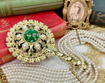 Vintage Jeweled Miniature Hand Mirror, Ornate Accent Mirror #B584