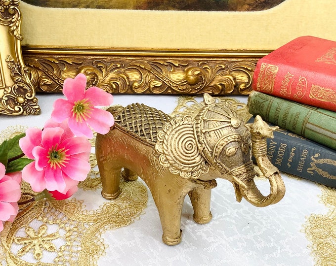 Indian Gold Dhokra Elephant, Dhokra Figurine, Vintage Office Decor, Elephant Figurine, Vintage Decor # B581