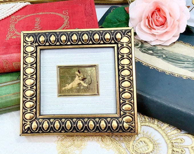 Italian 23 Kt. Gold Leaf Framed Picture, Art Nouveau Miniature Italian Art, Framed Italian Cherub, Italian Florentine #B590