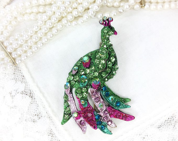 Colorful Green Peacock Brooch, Peacock Pin For Mothers Day, Bridesmaid Gift, Anniversary, Birthday Gift #B438