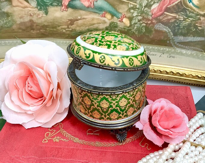 Green & Gold Trinket Box, Vintage Gift Box, Ring Holder Gift, Boudoir, Green Jewelry Box #B588