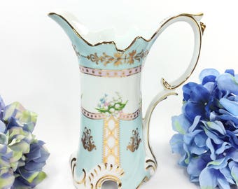 Royal Danube Pitcher, Baby Blue Gold Filigree Floral Pitcher Vase #384