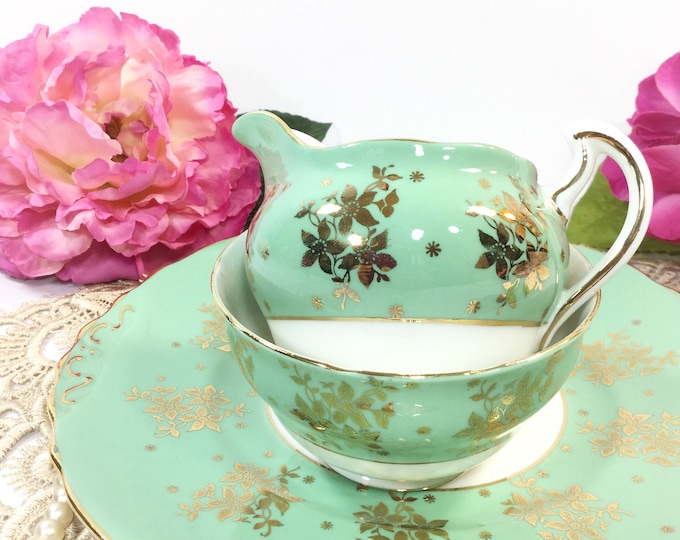 Colclough Gold Chintz English Bone China Open Green Sugar Bowl & Creamer for Tea Set Tea Party, Wedding. English Bone China #B294