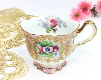 Hand Painted Occupied Japan Gold Encrusted Pink Footed Cup, Pink China Tea Cup For Tea  #B495