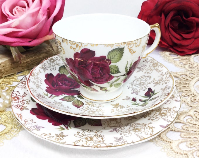 Chintz English Tea Trio, Red Rose Chintz English Bone China Tea Trio, English Rose Tea Set #B489