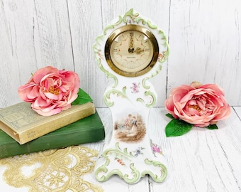 Vintage Porcelain Mantle Clock, Mercedes Movement, Victorian Floral Decor #B548