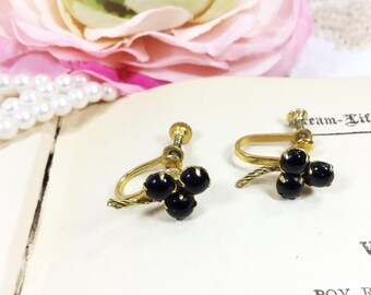 Stunning Black Shamrock Clip On Earrings, Vintage Earrings, Screw Back Earrings, Vintage Jewelry #B235