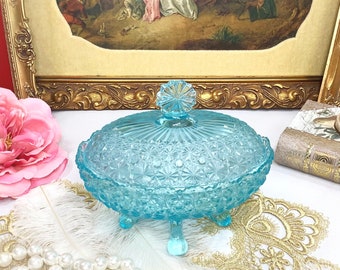 Vintage Blue Glass Covered Dish, Blue Aqua Glass Dish, Blue Decor, Vanity Desk Decor #B618