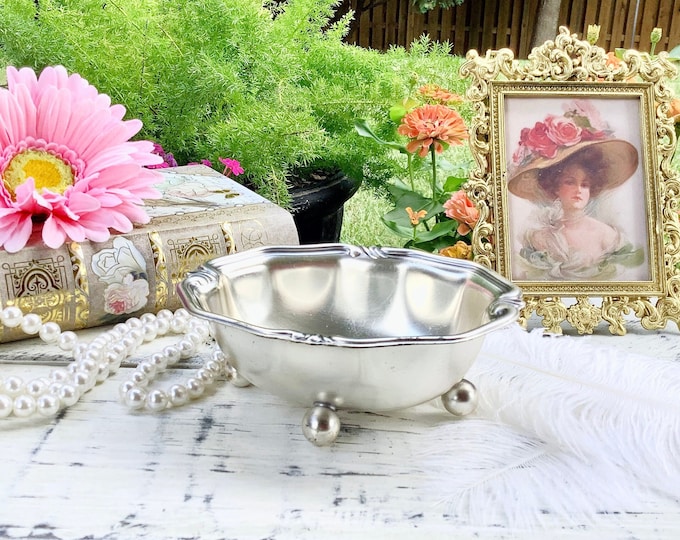Vintage Silver Oval Trinket Dish, Scalloped Edge, Footed Pin Dish #B718