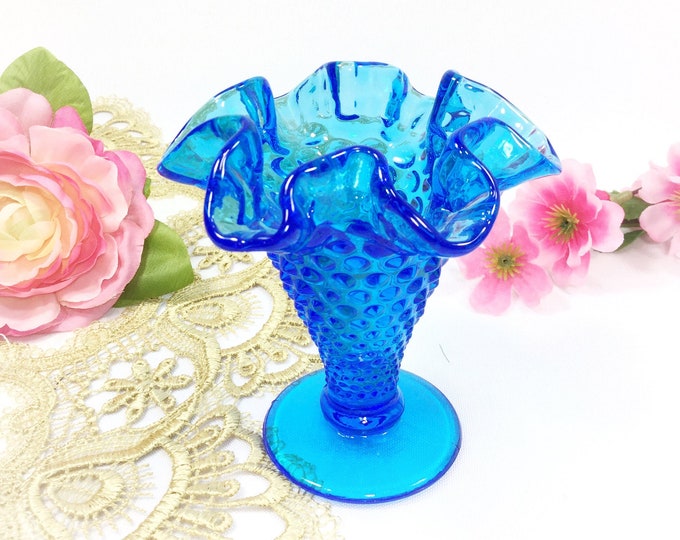 Vintage Fenton Blue Glass Hobnail Vase with Ruffled Crimped Edge, Mid Century Blue Hobnail Compote, Candy Dish, Beach Decor #B481