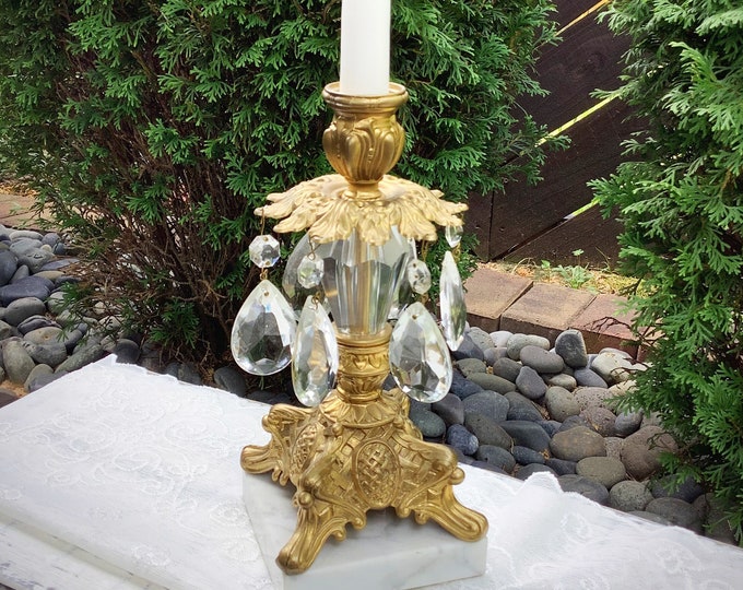 Gold Victorian Crystal Candle Holder, Gold Crystal Candle Holder, Victorian Decor, Hollywood Regency #B652