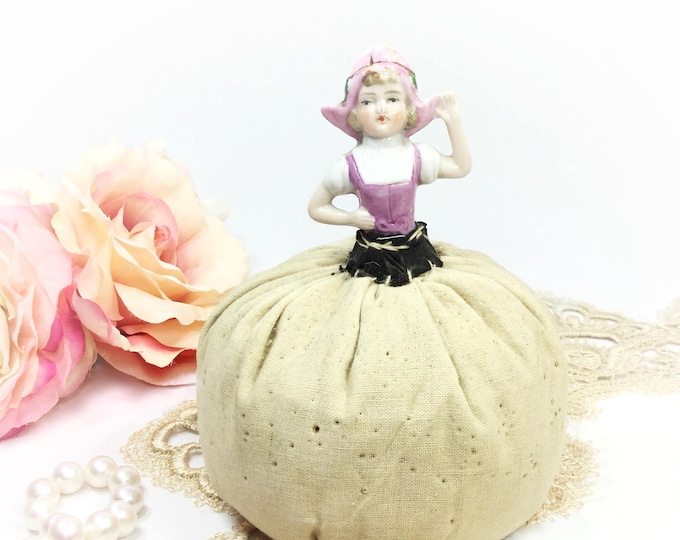 Vintage Lady Pincushion, Sewing Room Decor, Hatpin Display #B279