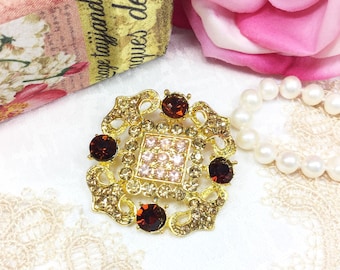 Gold Tone Amber Rhinestone Brooch, Scarf Napkin Pin Accessory #B356