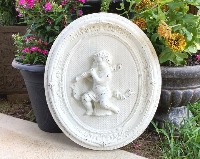 Vintage Cherub Relief Wall Plaque, Victorian Cottage Decor #B706