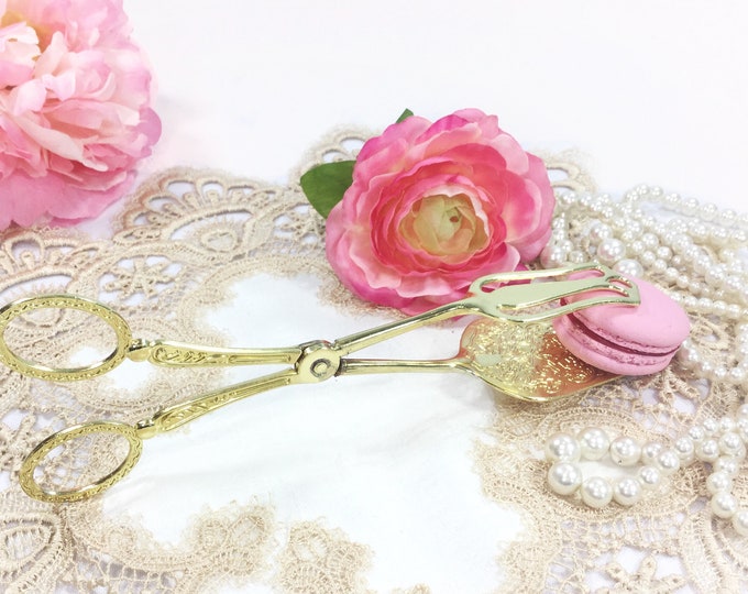 Ornate Gold Serving Tongs, Gold Pastry Dessert Utensil, Vintage Tableware Replacement #B374