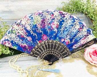 Blue Floral Spanish Folding Fan # B520