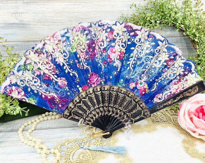 Dark Blue Floral Spanish Folding Fan for Weddings, Tea Party, Bridal Showers, Church # B520