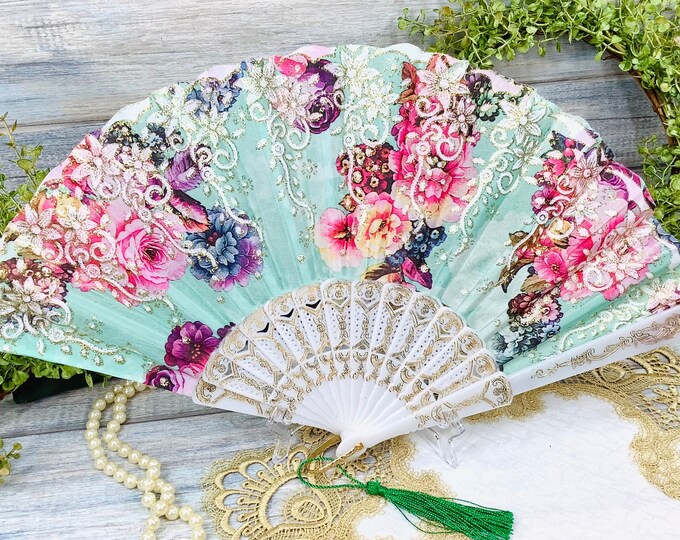 Sea Green Floral Spanish Folding Fan # B521