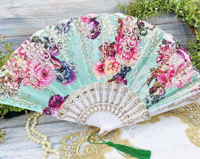 Sea Green Floral Spanish Folding Fan for Weddings, Tea Party, Bridal Showers, Church # B521