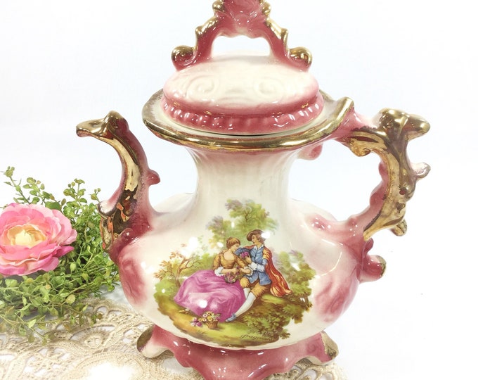 Signed English Fragonard Teapot, Staffordshire Iron Stone Love Story Teapot, Pink English Teapot For Tea Party, Wedding, Tea Time #B405