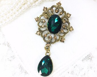 Emerald Green Drop Brooch, Champagne Rhinestone Pin, Vintage Statement Jewelry #B125