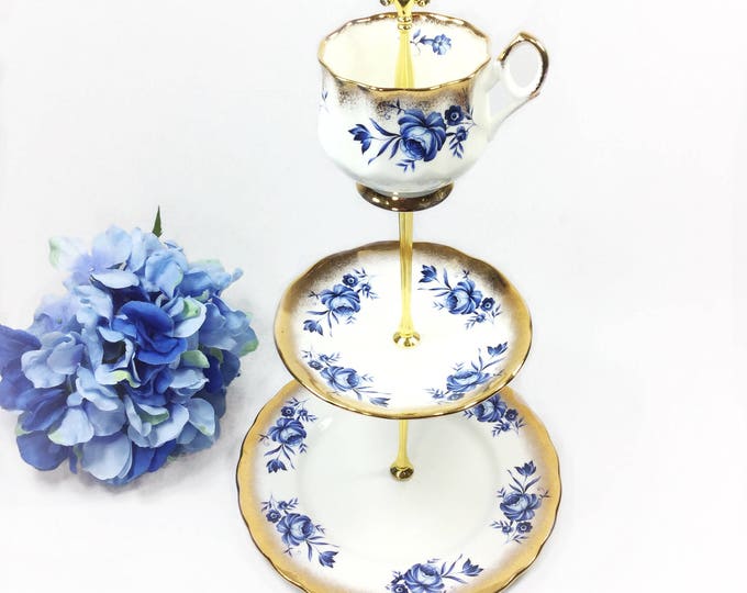 Elizabethan Fine China 3 Tier, Blue Floral English Serving Tray, China Serving Platter, Sandwich Platter, Tea Party #B209