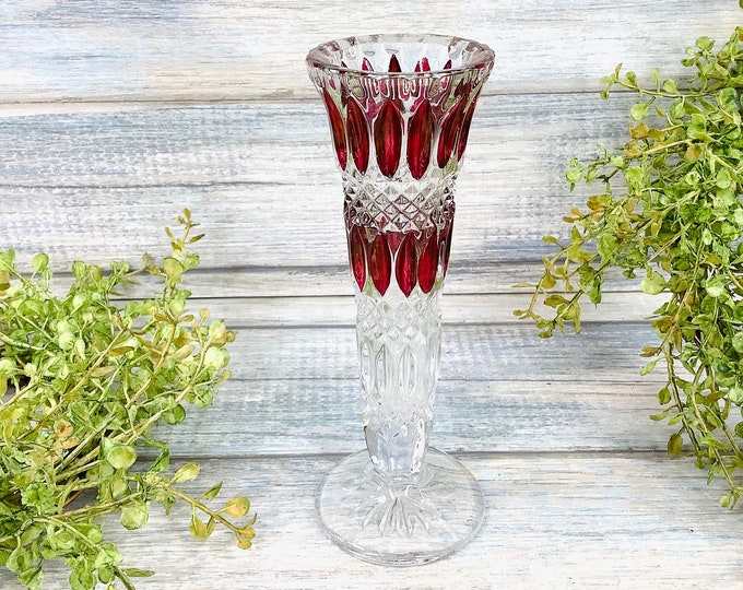 Vintage Bohemian Czech Crystal Bud Vase, Cranberry Crystal Vase, Victorian Vase #B604