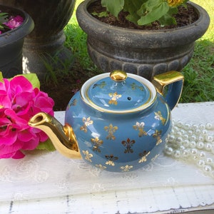 Cyan Blue Hall English Teapot, Blue Le Fleur Gold Gilt Teapot, Blue English Teapot # B665