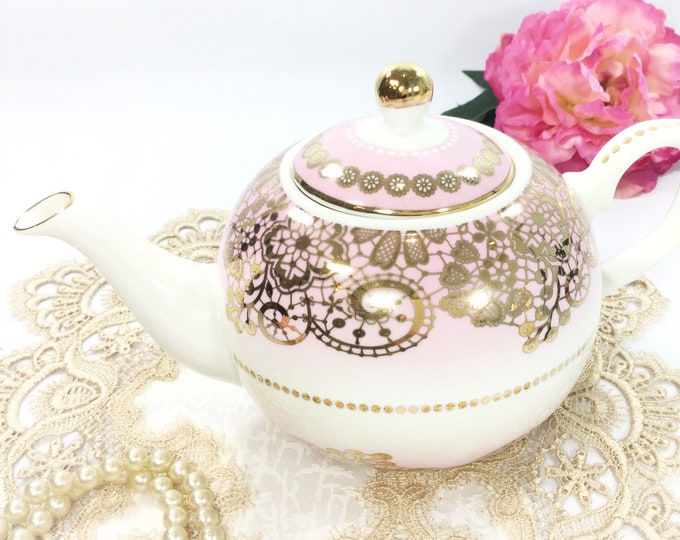 Full Sized Pink and Gold Lace Teapot  #B342