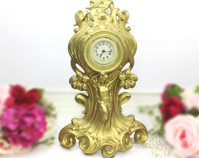 Antique Art Nouveau Gold Mantel Wind Up Clock Statuette, Manhattan Clock Company Goddess Gold Mantle Clock #A940