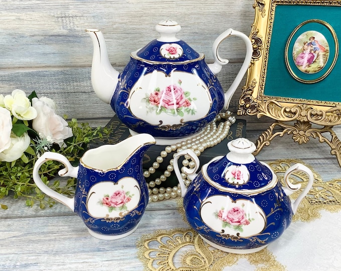 Vintage Grace's Teaware Blue Rose Tea Set, Gold Filigree #B517