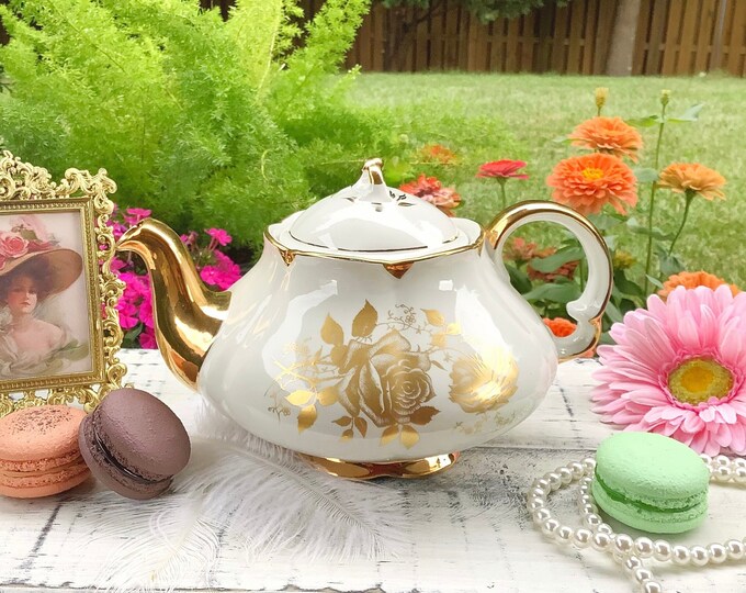 English Vintage Ellgreave 2872 Stoneware Gold Floral Teapot, England Ironstone Teapot #B688