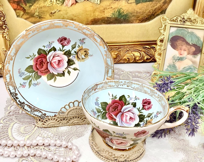 Royal Sutherland Fine Bone China England, English Floral Teacup & Saucer, English Tea Party, Blue Gold Tea Set #B599