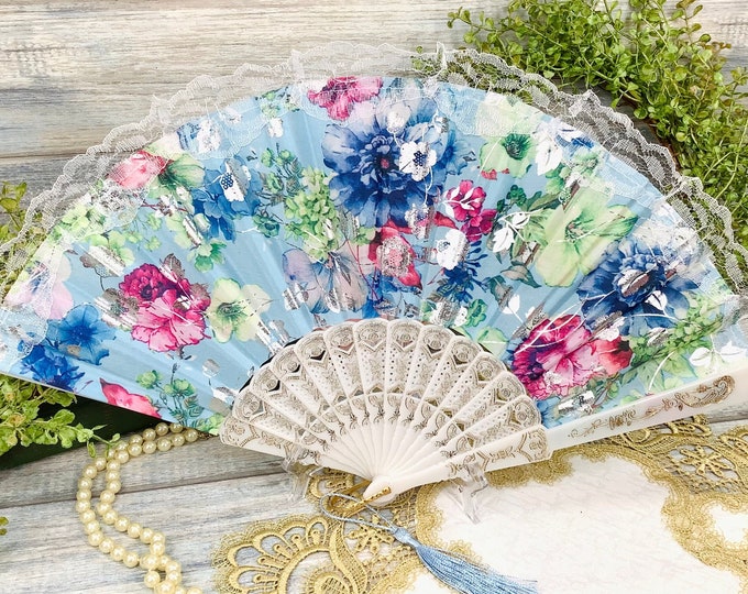 Vintage Light Blue Floral Spanish Folding Fan For Weddings, Bridal Showers, Tea Party, Tea Time, Church # B519