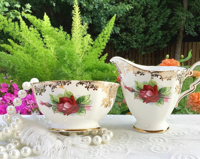 Royal Standard English Bone China Sugar Bowl Creamer, Red Rose Gold Trim Tea Set #B667