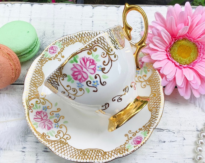 English Rose Teacup and Saucer, Pink Floral Bone China Tea Set, Gold Trim #B685