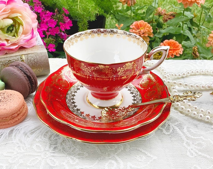 Royal Standard Red Fine Bone China Tea Trio, Gold Filigree Border #B680