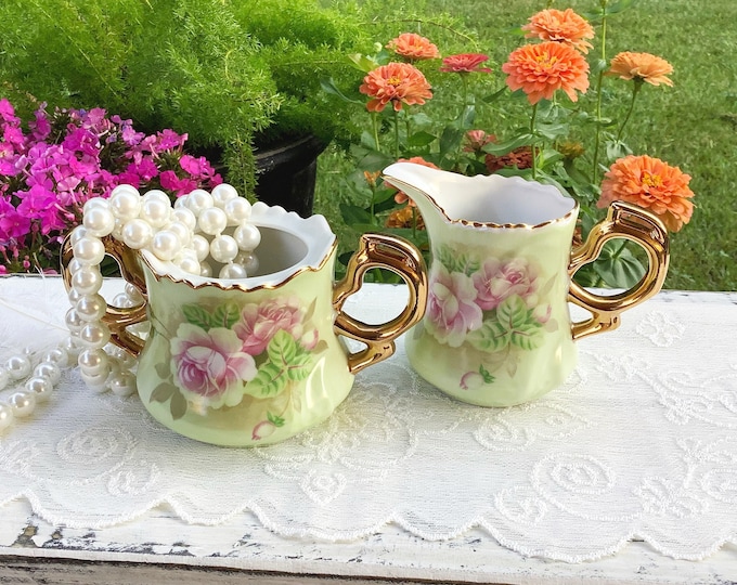 Lefton Hand Painted China Rose Sugar Bowl Creamer Set, Vintage Elegance #B666