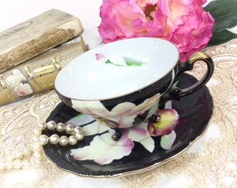 Purple Floral Black China Tea Cup & Saucer #B321