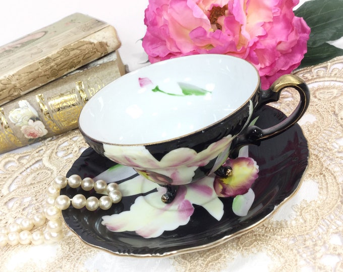 Purple Floral Black China Tea Cup & Saucer #B321