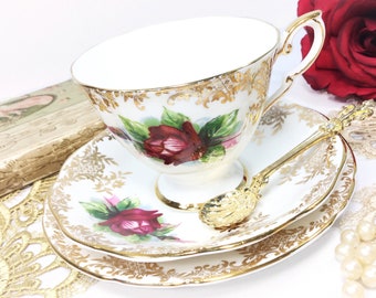 Royal Standard English Tea Trio, Red Rose Filigree Bone China English Tea Cup, Saucer, Platr #B486