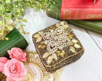 Vintage Champagne Beaded Trinket Box, Jeweled Pill Box #B555