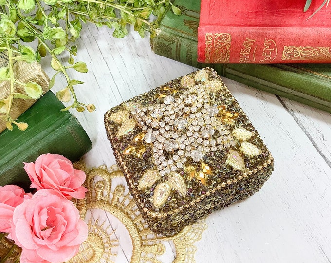 Champagne Beaded Trinket Boxes, Jeweled Pill Box, Champagne Beaded Jewelry Box, Jeweled Trinket Box #B555
