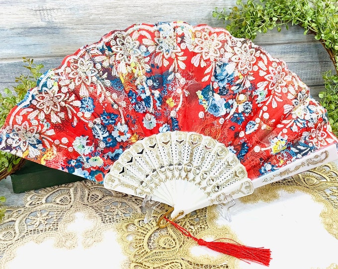 Gorgeous Red Floral Folding Fan for Weddings, Tea Party, Bridal Showers, Church # B527