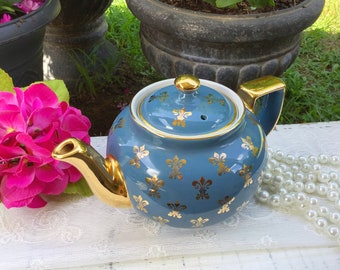 Cyan Blue Hall English Teapot, Blue Le Fleur Gold Gilt Teapot, Blue English Teapot # B665