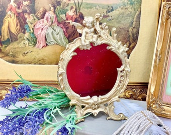 Vintage Gold Cherub Desktop Mirror, Art Nouveau Vanity Decor #B593