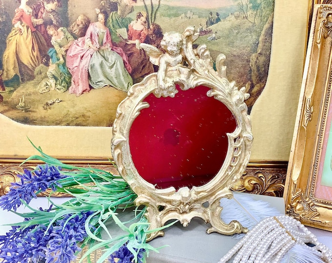 Gold Cherub Desktop Mirror, Art Nouveau Ornate Mirror, Victorian Cherub Miniature Mirror #B593